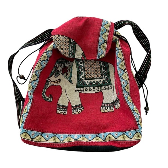 Tibetan Elephant Backpack Drawstring LARGE Red Multicolor Colorful - Picture 1 of 12